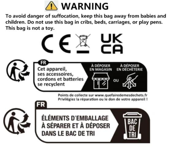 Warning label with safety instructions for plastic bag, highlighting suffocation risk, recycling, and disposal information.