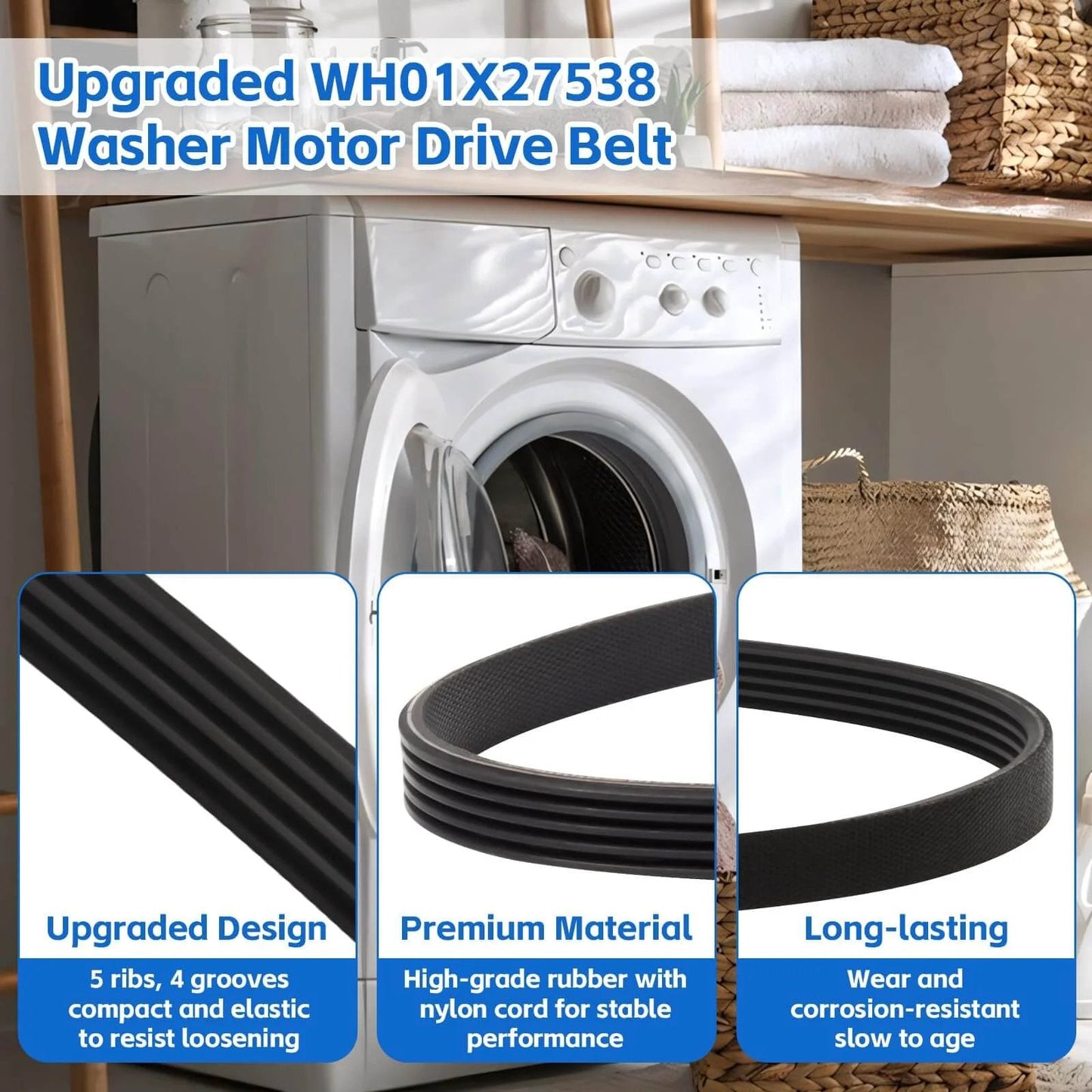 Washer Drive Belt for GE/Hotpoint Washing Machines Parts AP6328256 shown beside washing machine with belt close-up
