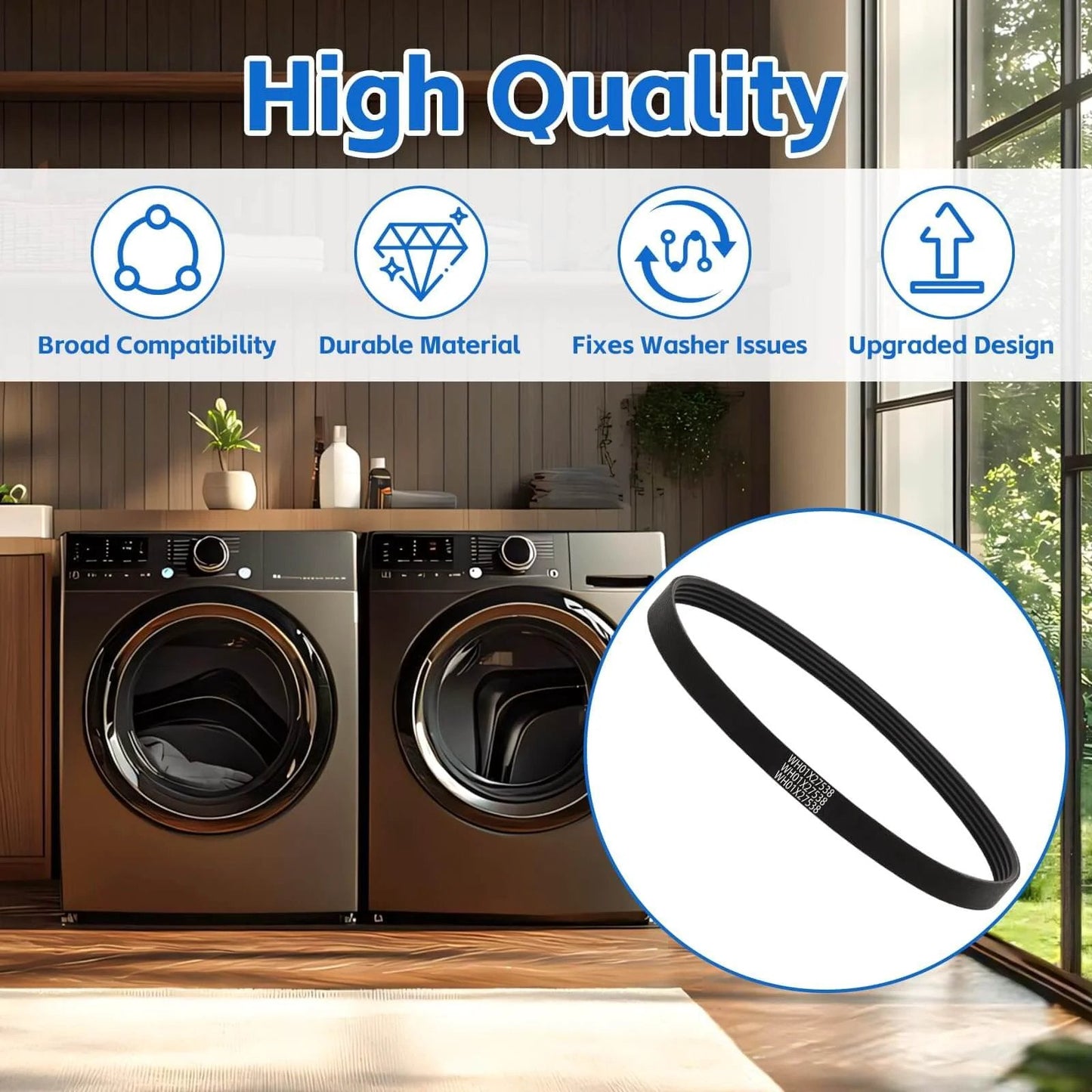 Washer Drive Belt for GE/Hotpoint Washing Machines Parts AP6328256 shown with washer units in laundry room setting.