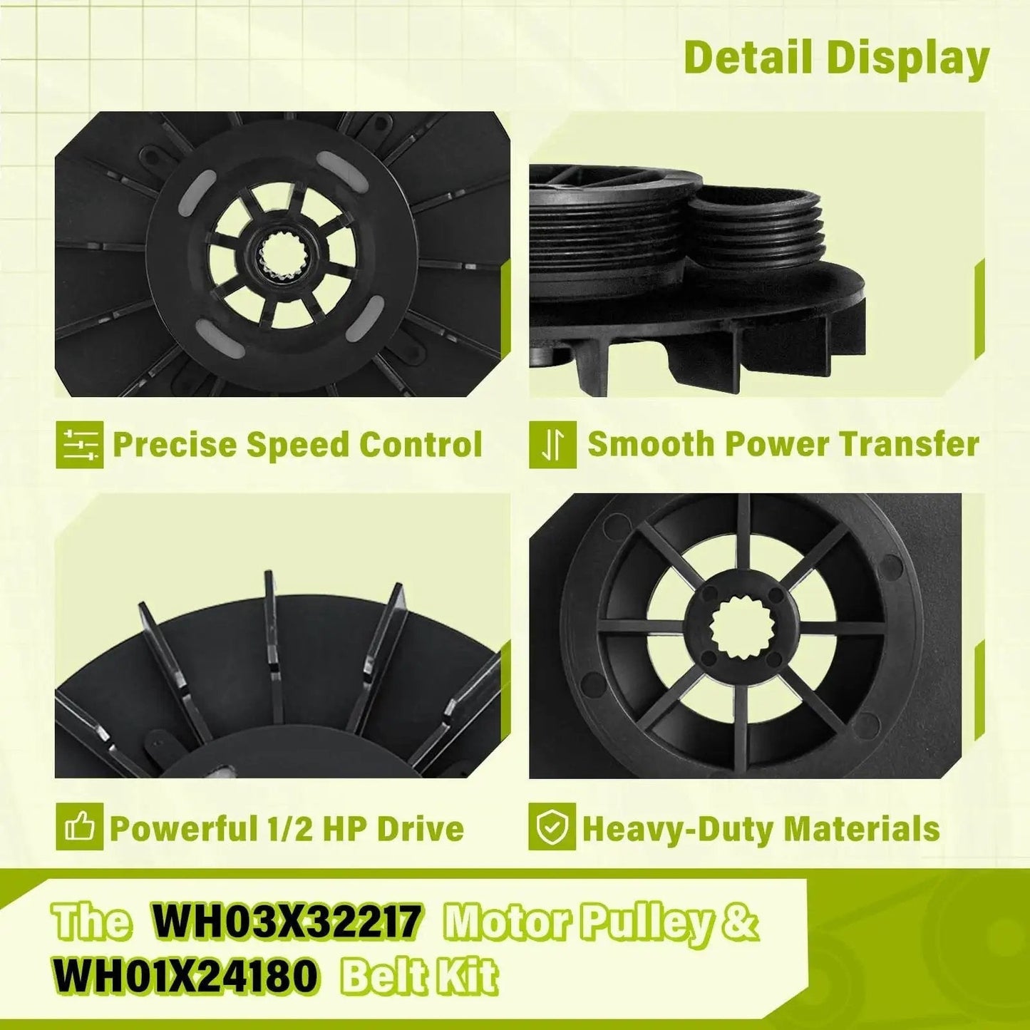 Detail display of Washer Motor Pulley And Belt Kit One Half HP With Nut For GE Models Replacement Part 4975025 4455970 WH03X32217 WH01X24180