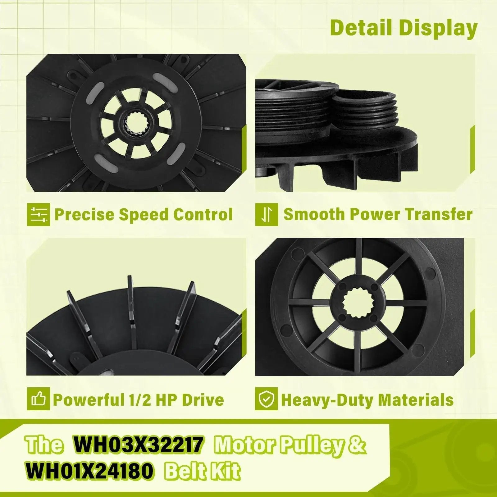 Detail display of Washer Motor Pulley And Belt Kit One Half HP With Nut For GE Models Replacement Part 4975025 4455970 WH03X32217 WH01X24180