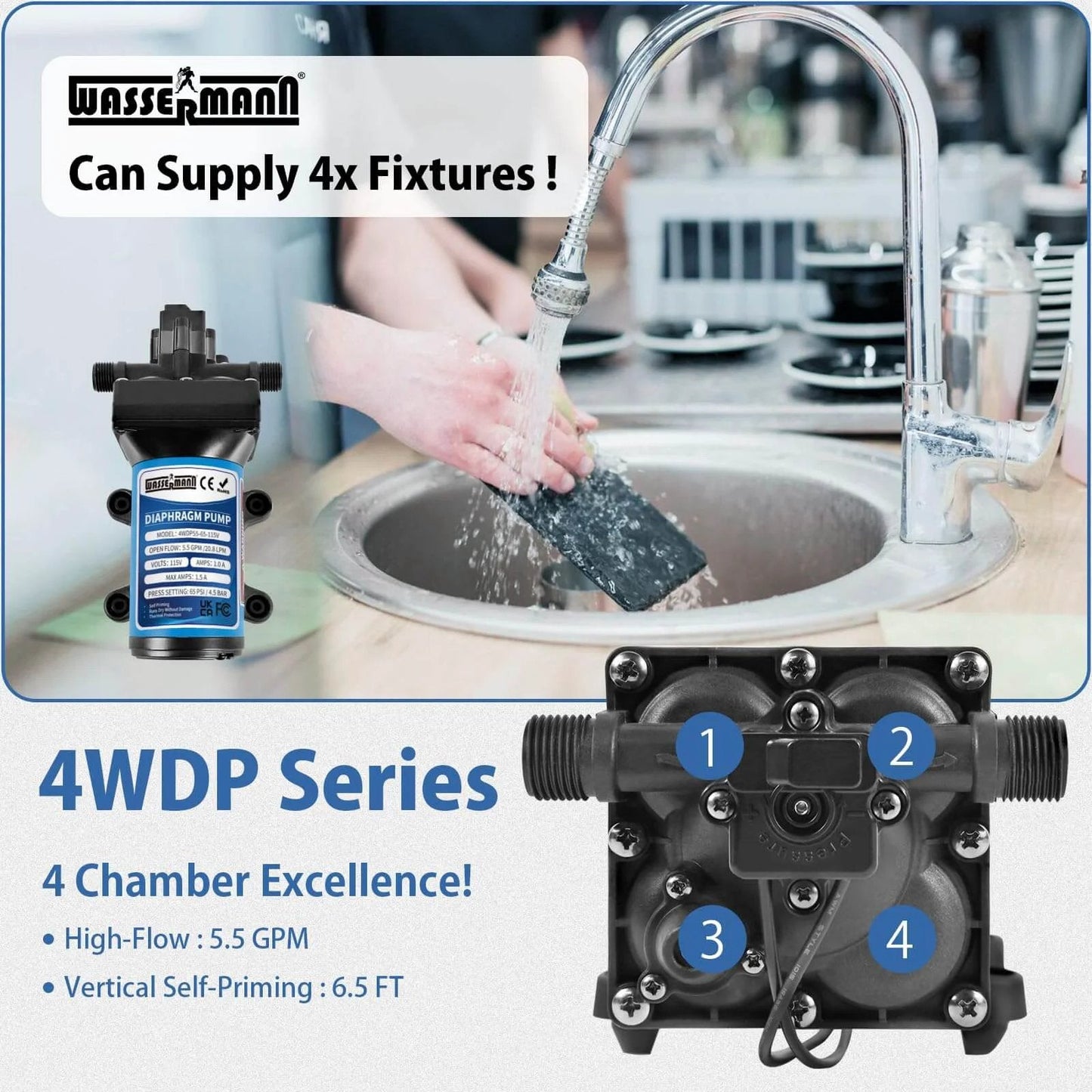 WASSERMANN 115V AC Diaphragm Pump, 5.5 GPM 65 PSI 1/2" NPSM Connection, 4-Chamber Self-Priming Fresh Water Pressure Pump shown in kitchen use