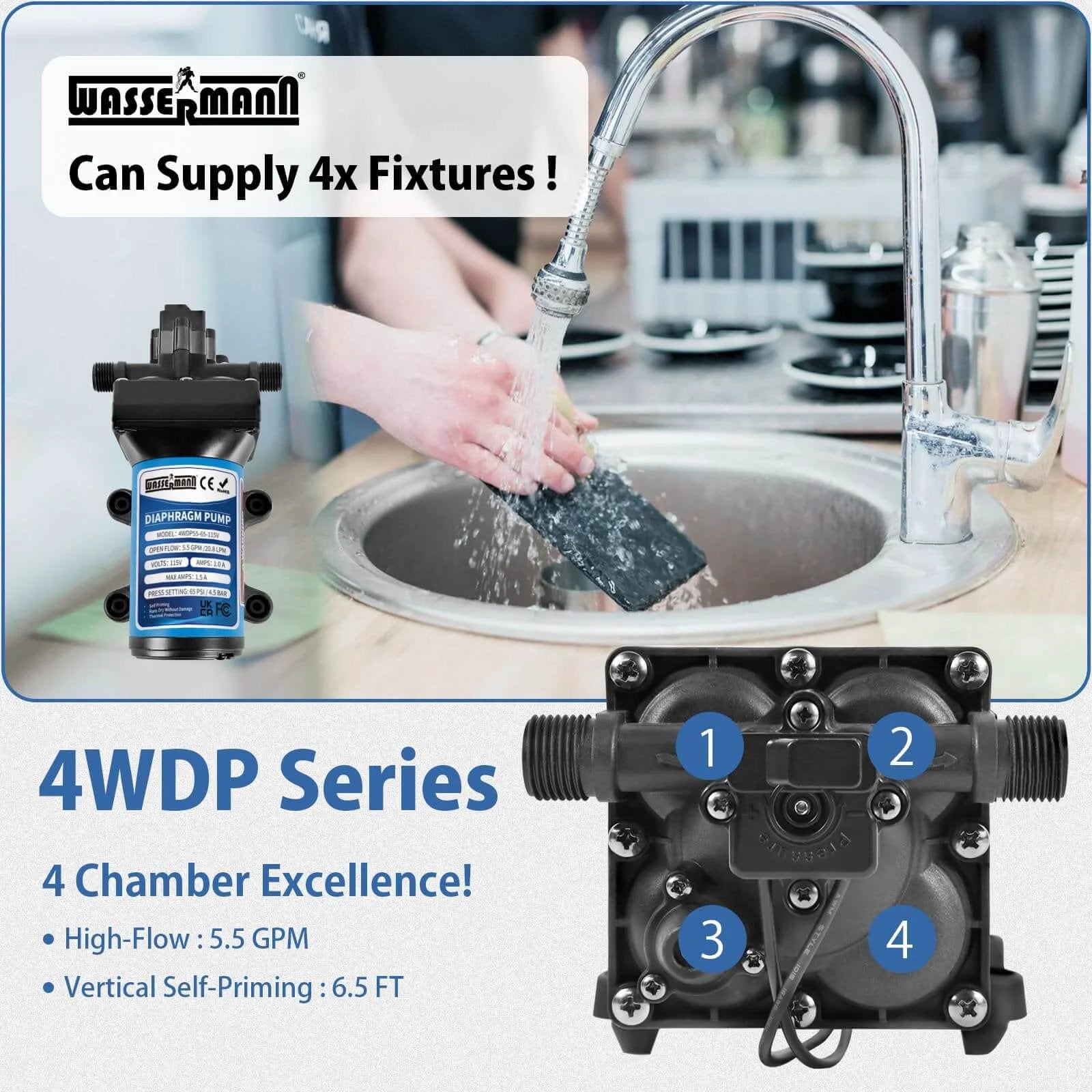 WASSERMANN 115V AC Diaphragm Pump, 5.5 GPM 65 PSI 1/2" NPSM Connection, 4-Chamber Self-Priming Fresh Water Pressure Pump shown in kitchen use