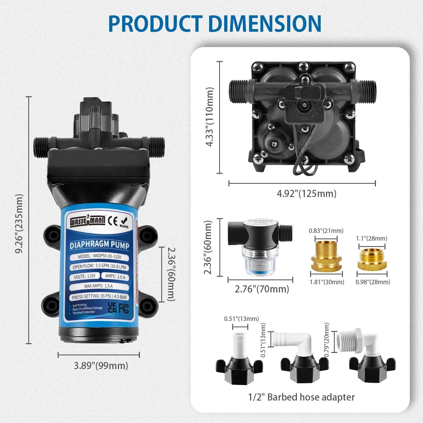 Product dimension diagram of WASSERMANN 115V AC Diaphragm Pump, 5.5 GPM 65 PSI 1/2" NPSM Connection with components