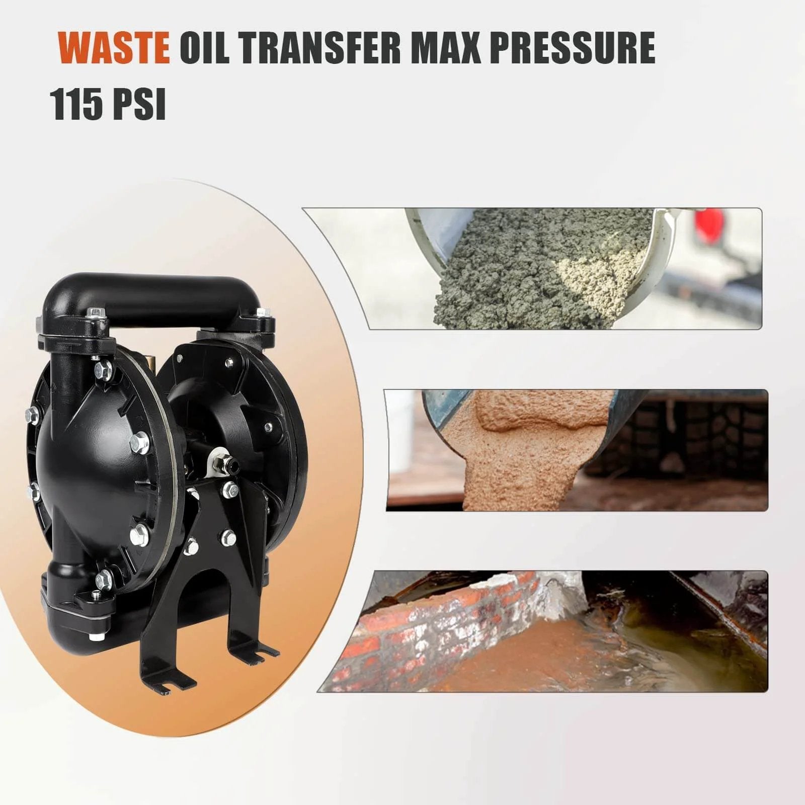 GCCSJ Air Operated Double Diaphragm Pump 1 inch, suitable for waste oil transfer, max pressure 115 PSI, side view, black design