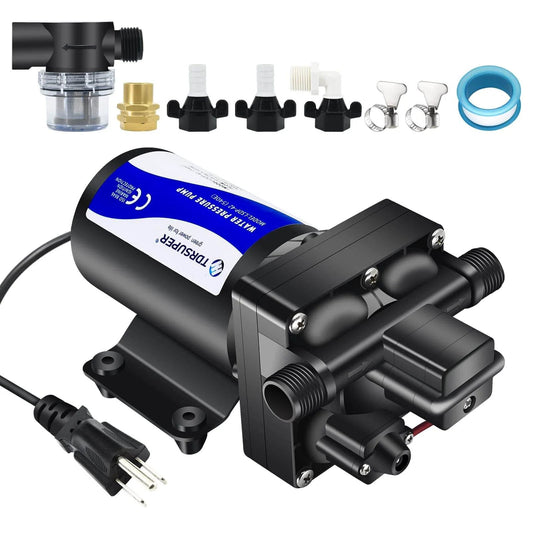 Tdrsuper Water Pressure Booster Pump, 110V AC Water Diaphragm Pump, 5.5GPM 75PSI with power plug and accessories, black