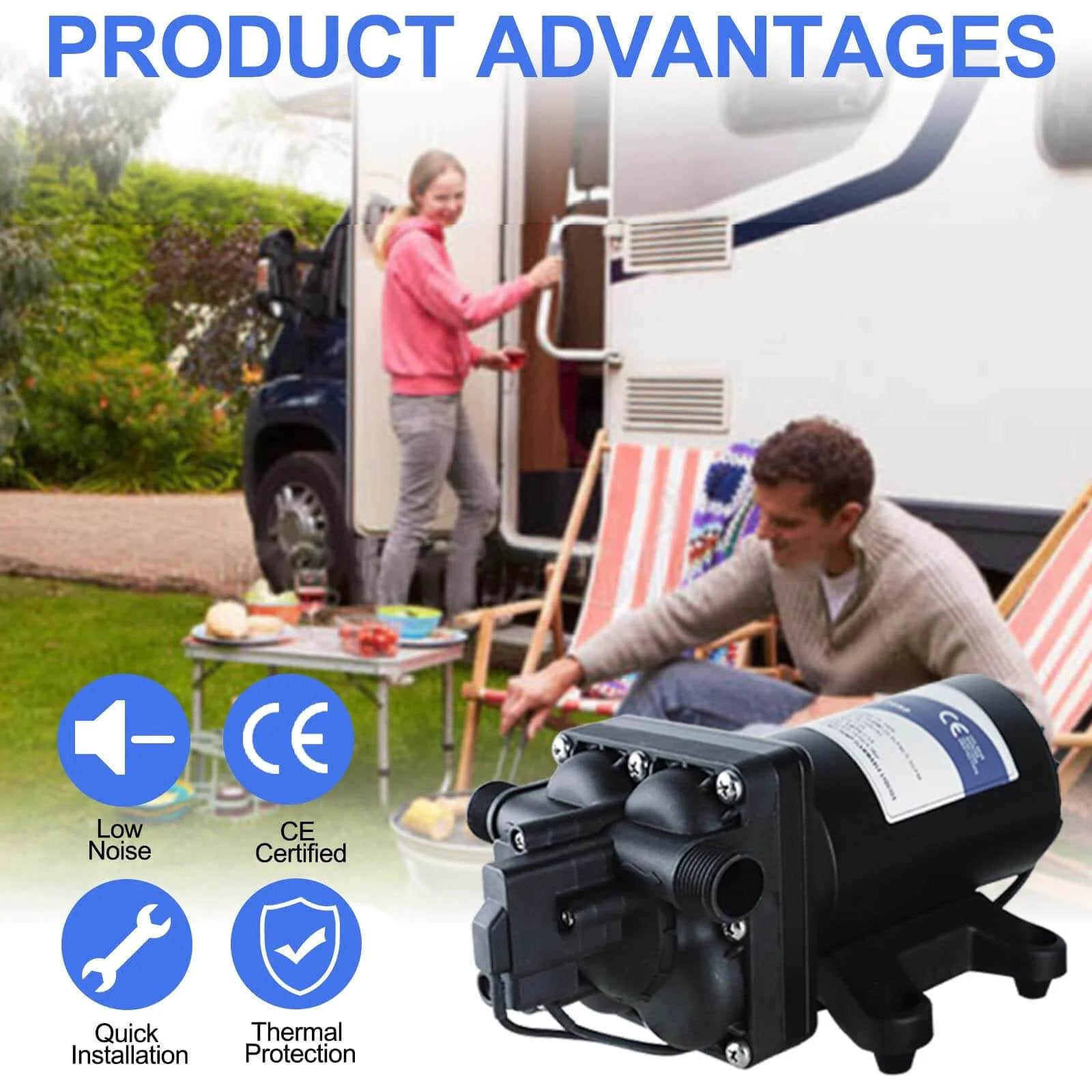 Tdrsuper Water Pressure Booster Pump next to an RV, illustrating use in outdoor settings with quick installation features.