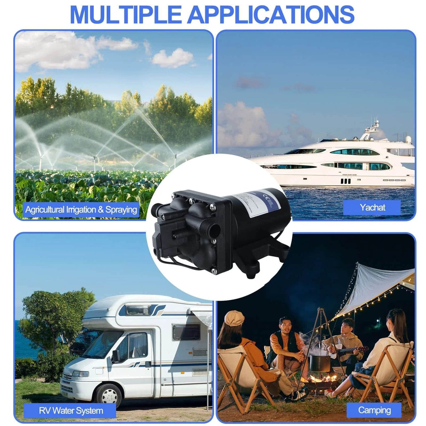 Tdrsuper Water Pressure Booster Pump multiple applications in agriculture, yachts, RVs, camping; ideal for diverse water pressure needs.