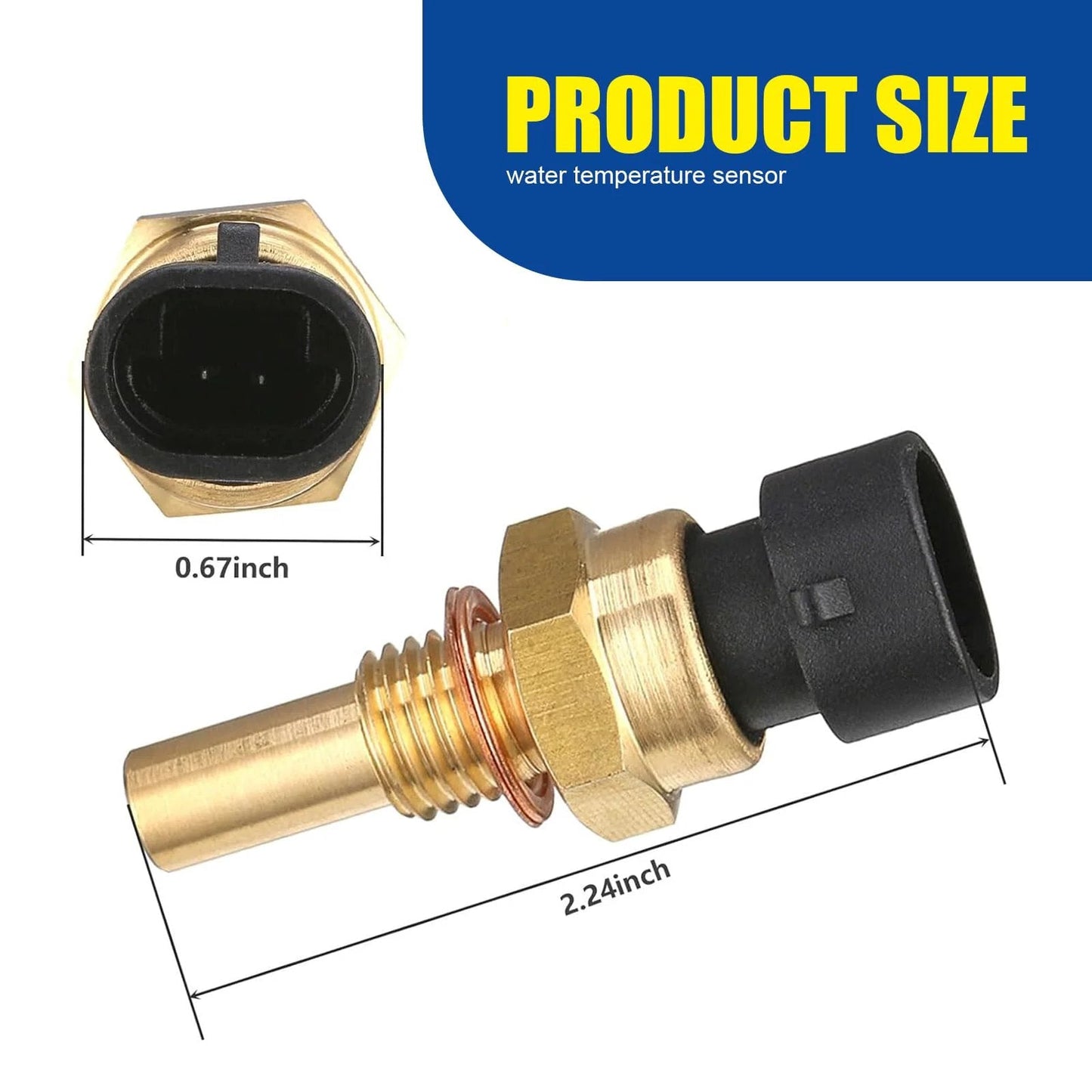 Premium Replacement Engine Temperature Sensor With Plug For Cars In Gold 1 Pack Durable Metal ECT Sensor Replacement shown from front and side with dimensions.
