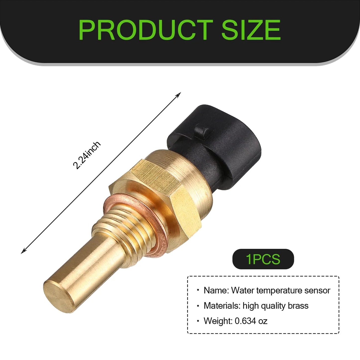 Car Engine Water Temperature Sensor for Vehicles, 1 Pack, Cooling Temperature Sensor, Sensitive Contact Replacement Part with Gold Finish, Delphi Compatible, OEM Nos 15404280 12191170 60811520 12608814, Flygun, front view with dimensions.