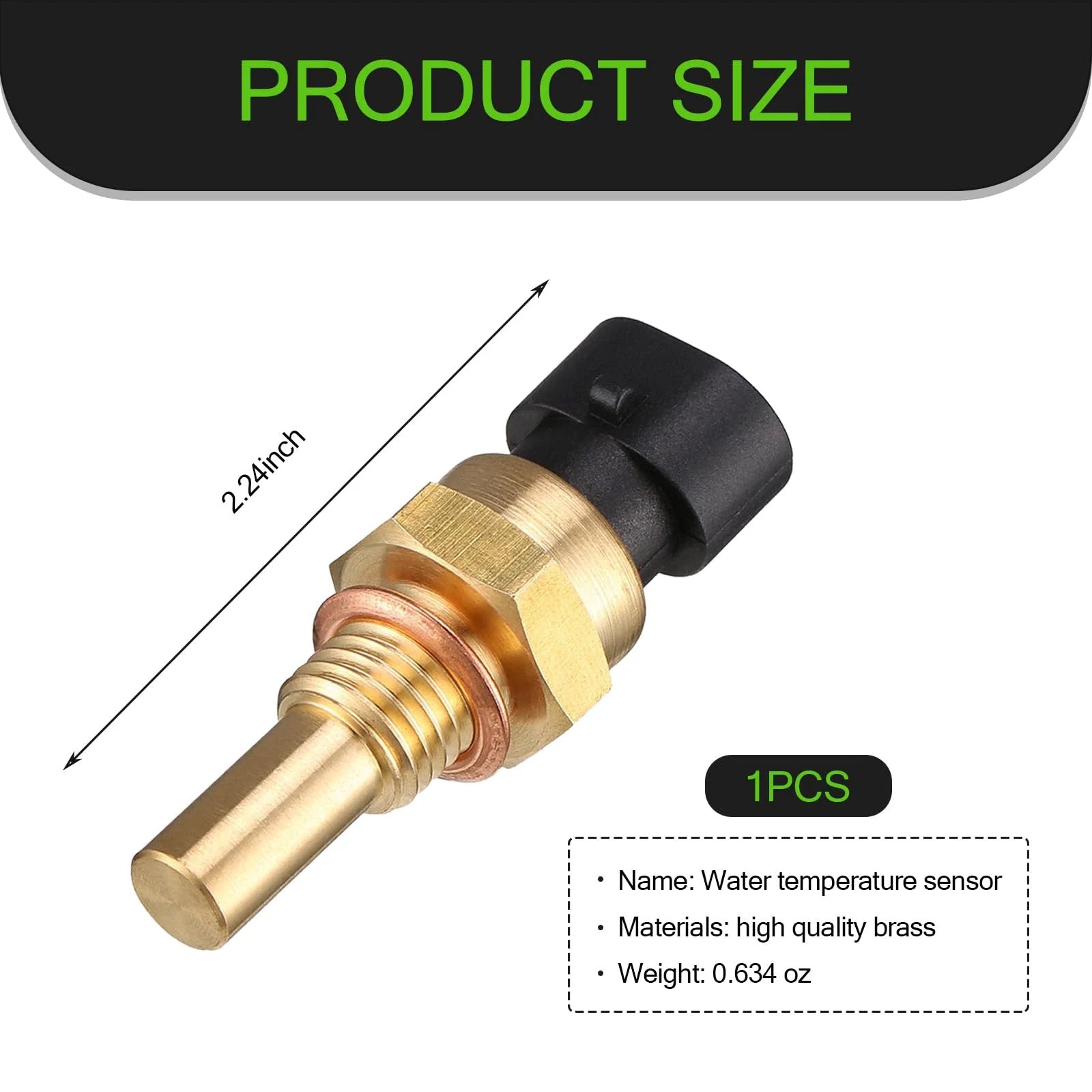 Car Engine Water Temperature Sensor for Vehicles, 1 Pack, Cooling Temperature Sensor, Sensitive Contact Replacement Part with Gold Finish, Delphi Compatible, OEM Nos 15404280 12191170 60811520 12608814, Flygun, front view with dimensions.