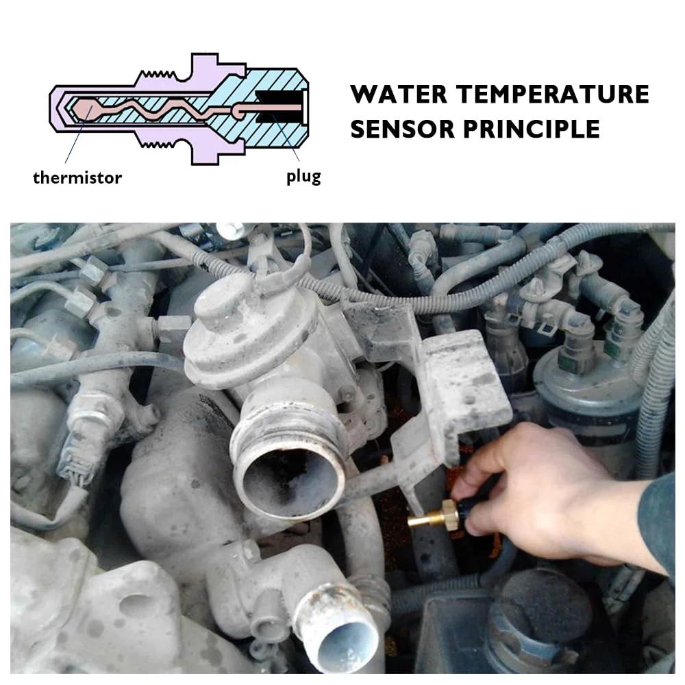 Universal Engine Coolant Temperature Sensor Replacement For Chevy Ford Geo GMC Jaguar And Kia Vehicles With OEM Numbers 89422-20010 89422-35010 13650-51G10 And B593-18-840 Fits 1991-1998 Chevy Tracker Ford Thunderbird Geo Tracker And More, shown in engine compartment with hand holding sensor.