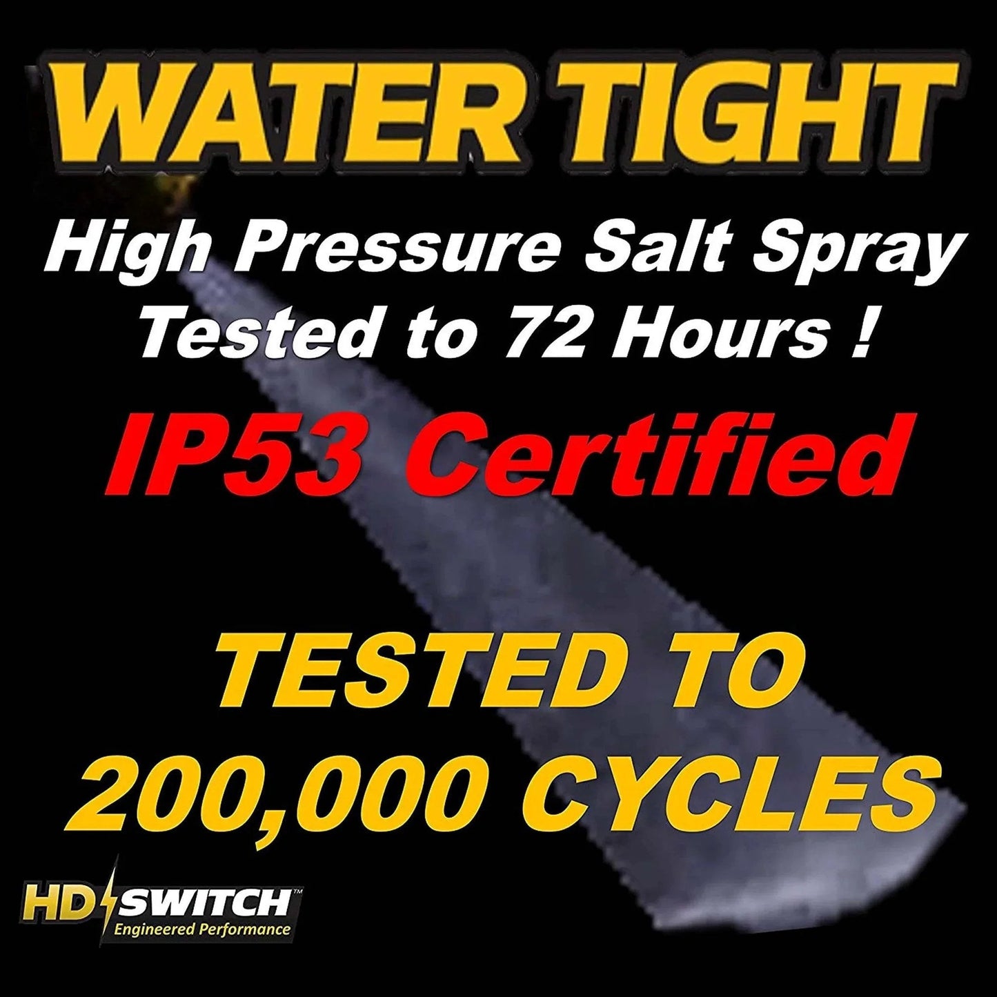 HD Switch product showing water tight certification with high pressure salt spray test and IP53 certification