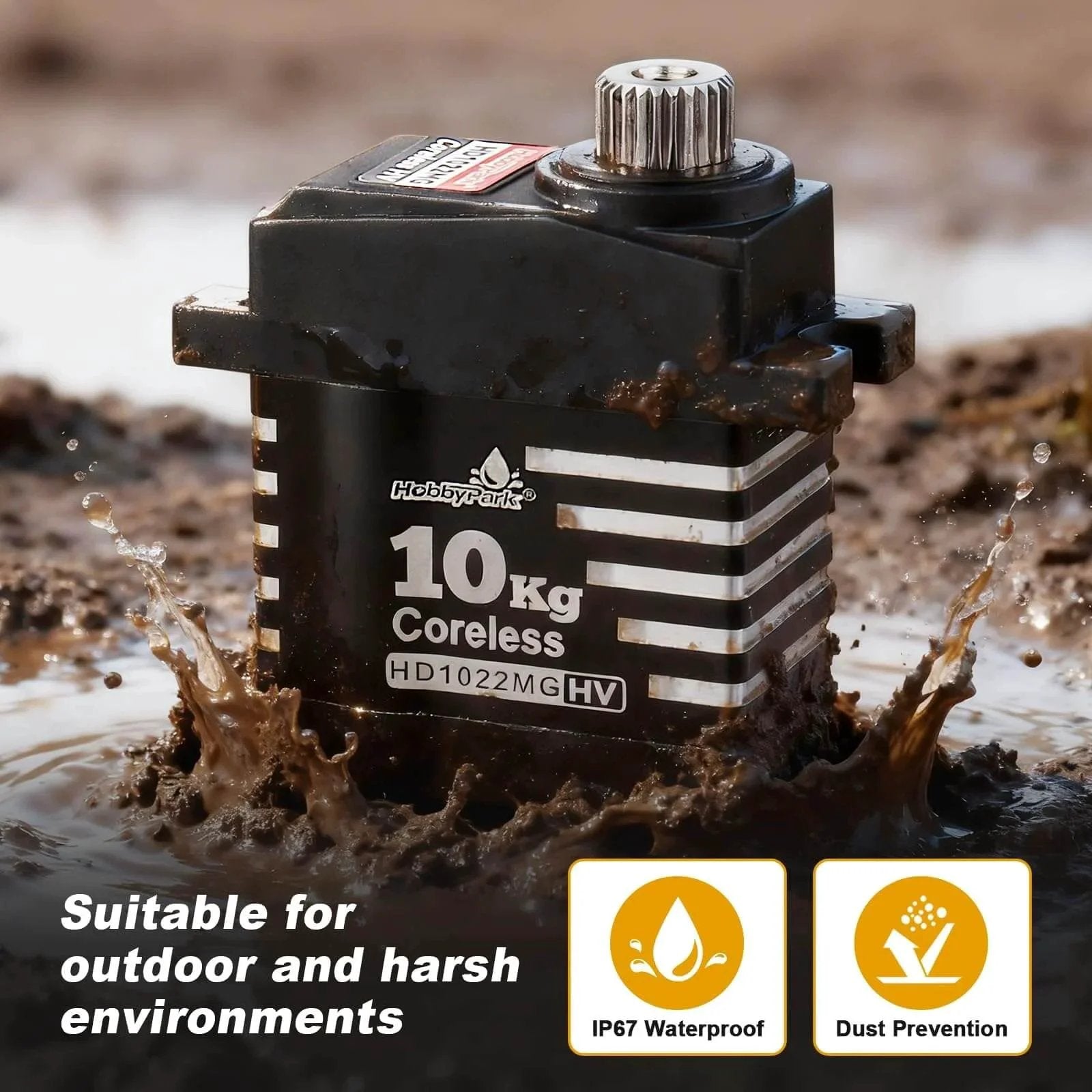 Waterproof 10kg RC Micro Servo High Torque Coreless Motor Metal Gears in muddy environment, highlighting durability and protection.