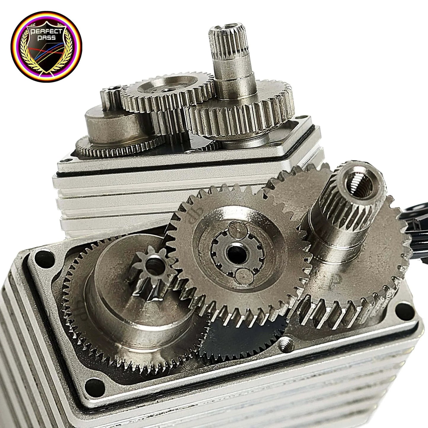 Close-up of 56KG Waterproof Brushless High Torque HV Ultra Fast Digital Servo Full Metal Gears for RC CAR. Visible metal gears.