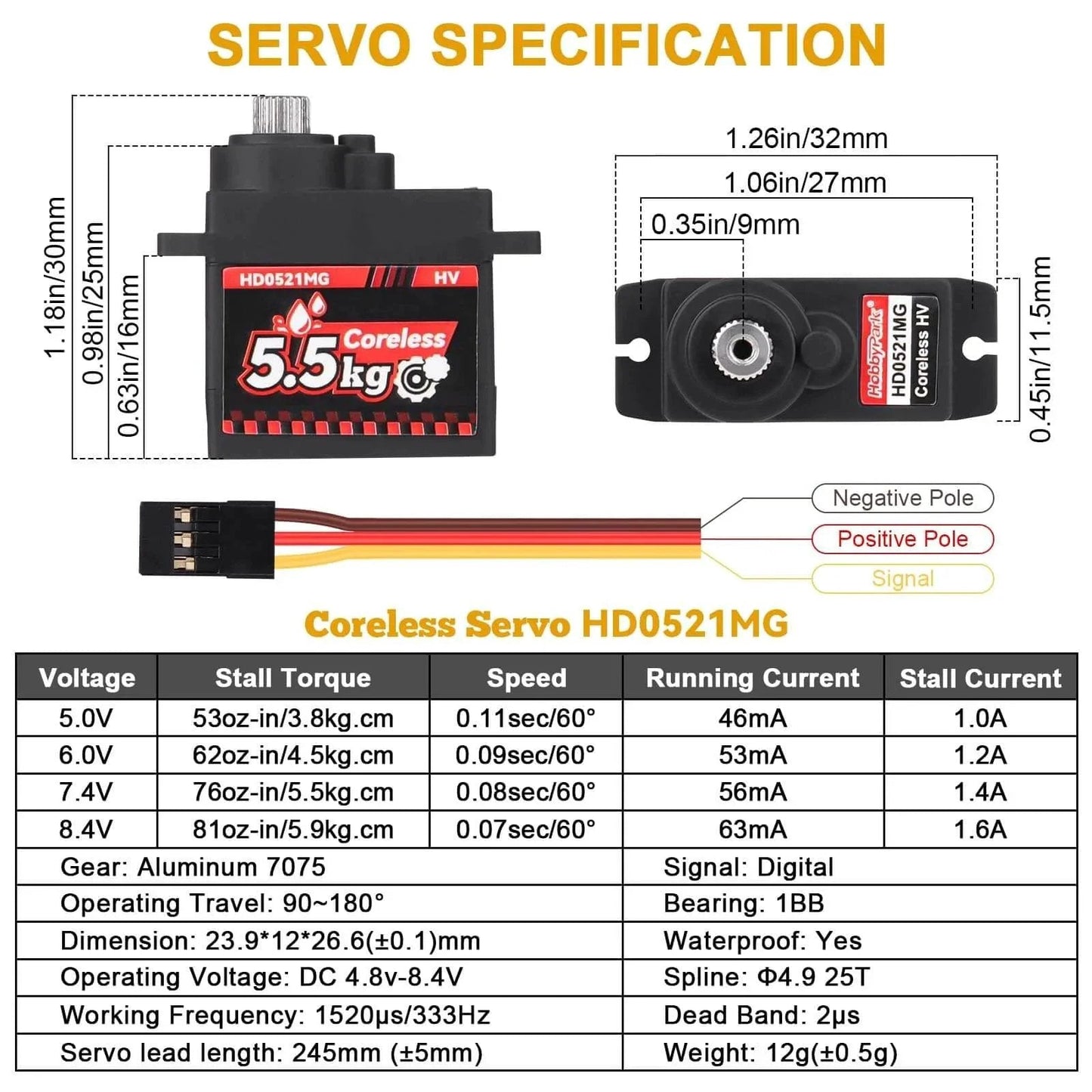 2-Pack Waterproof 5.5kg High Torque Micro Servo Coreless Motor Metal Gear Arduino Servo RC Servo for 1/24 Crawler Cars Boats Robotics SCX24 Steering Servo 4.8-8.4V with detailed specifications.
