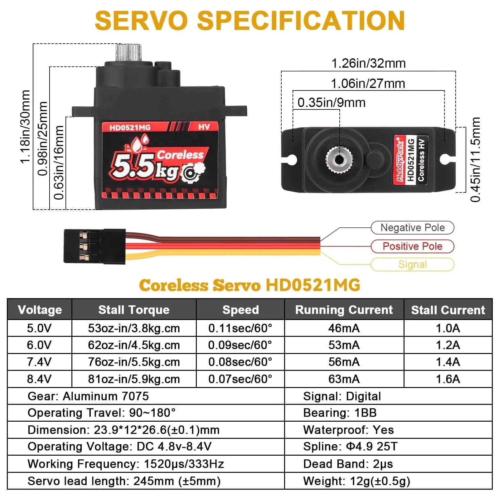 2-Pack Waterproof 5.5kg High Torque Micro Servo Coreless Motor Metal Gear Arduino Servo RC Servo for 1/24 Crawler Cars Boats Robotics SCX24 Steering Servo 4.8-8.4V with detailed specifications.