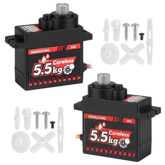 2-Pack Waterproof 5.5kg High Torque Micro Servo Coreless Motor Metal Gear Arduino Servo RC Servo for 1/24 Crawler Cars Boats Robotics SCX24 Steering Servo 4.8-8.4V shown with accessories