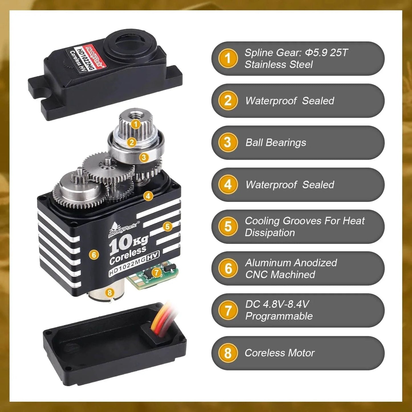 Waterproof 10kg RC Micro Servo High Torque Coreless Motor Metal Gears with visible spline gear, cooling grooves, and waterproof seal.