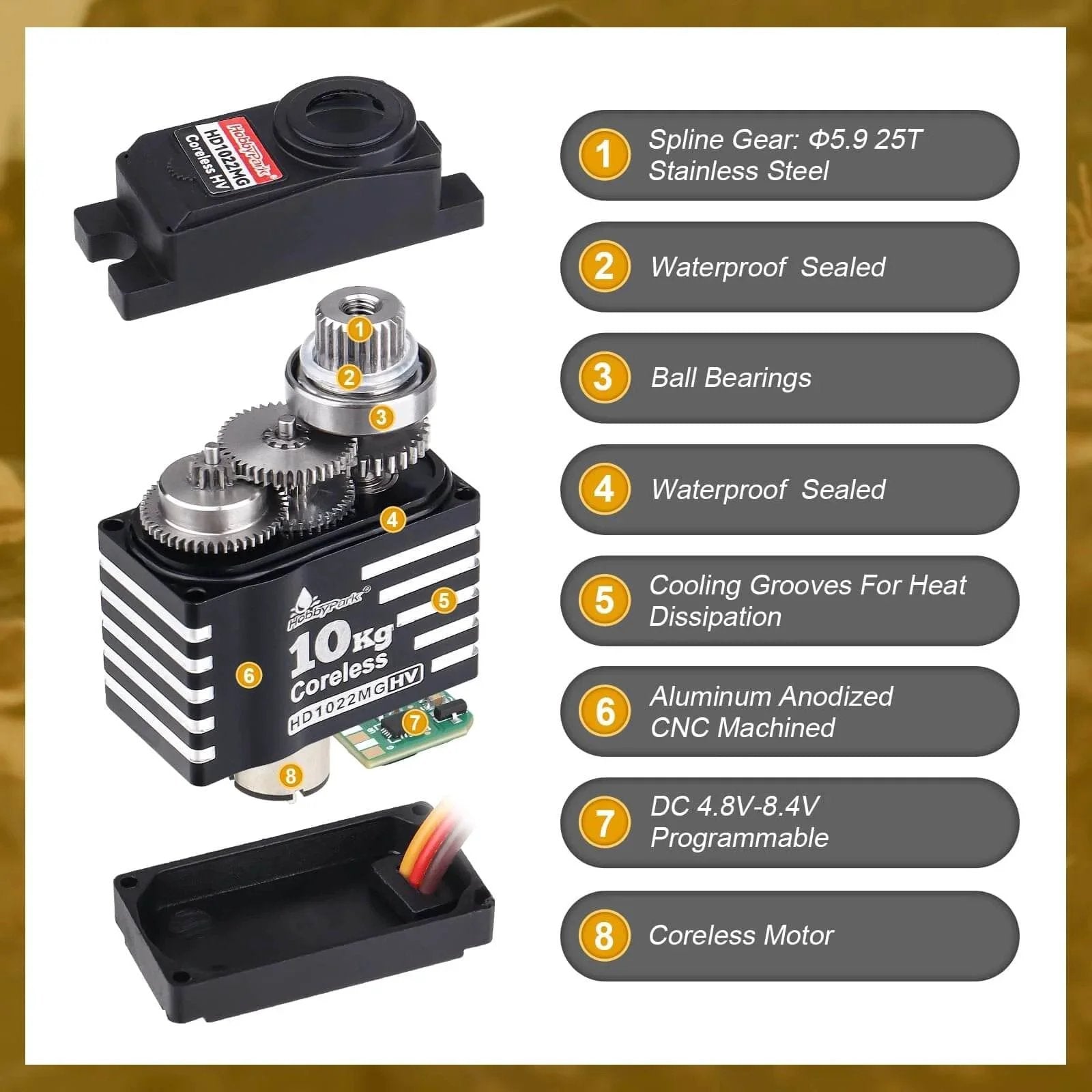 Waterproof 10kg RC Micro Servo High Torque Coreless Motor Metal Gears with visible spline gear, cooling grooves, and waterproof seal.