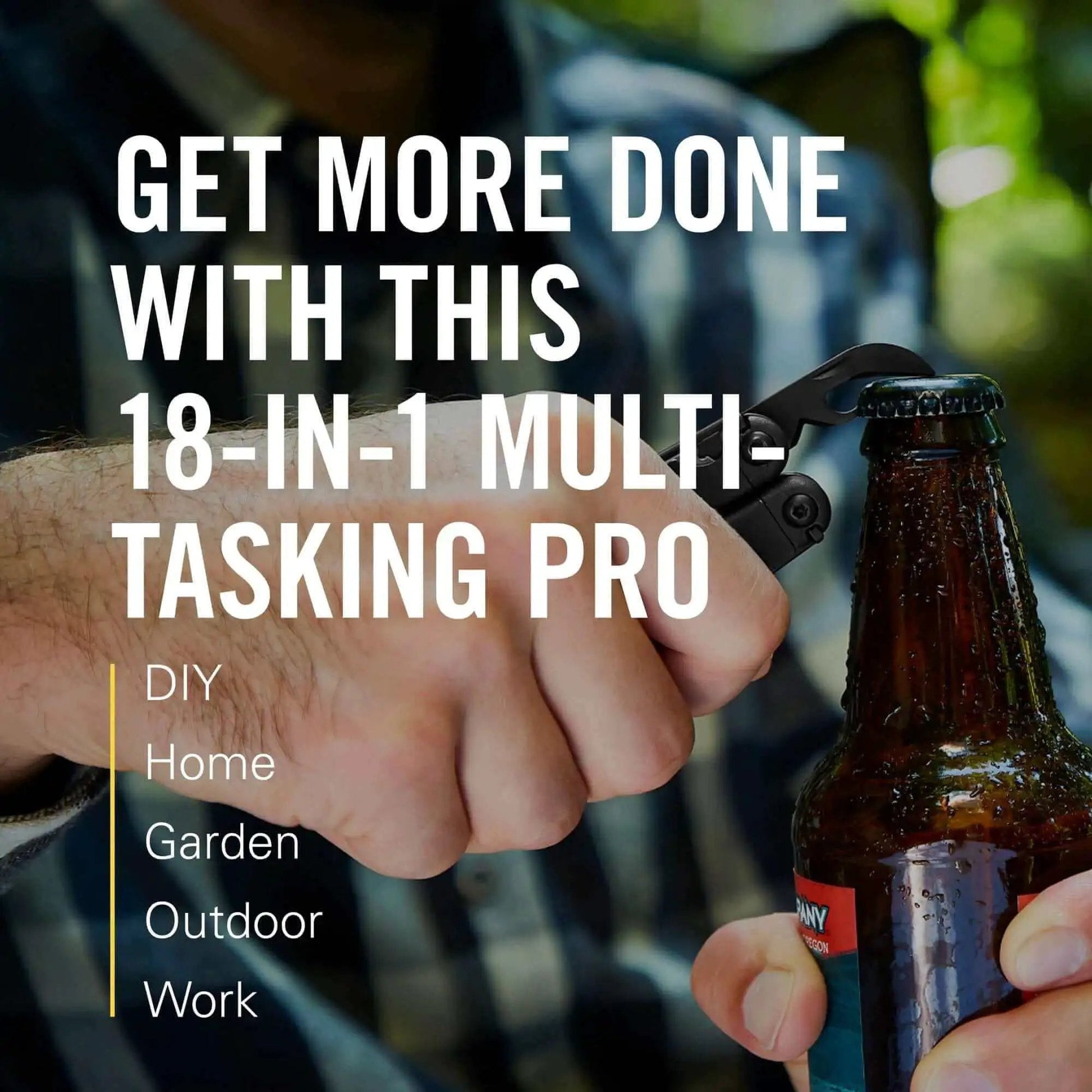 Using Wave Plus 18 In 1 Full Size Versatile Multi Tool to open a bottle, highlighting its DIY and outdoor utility.