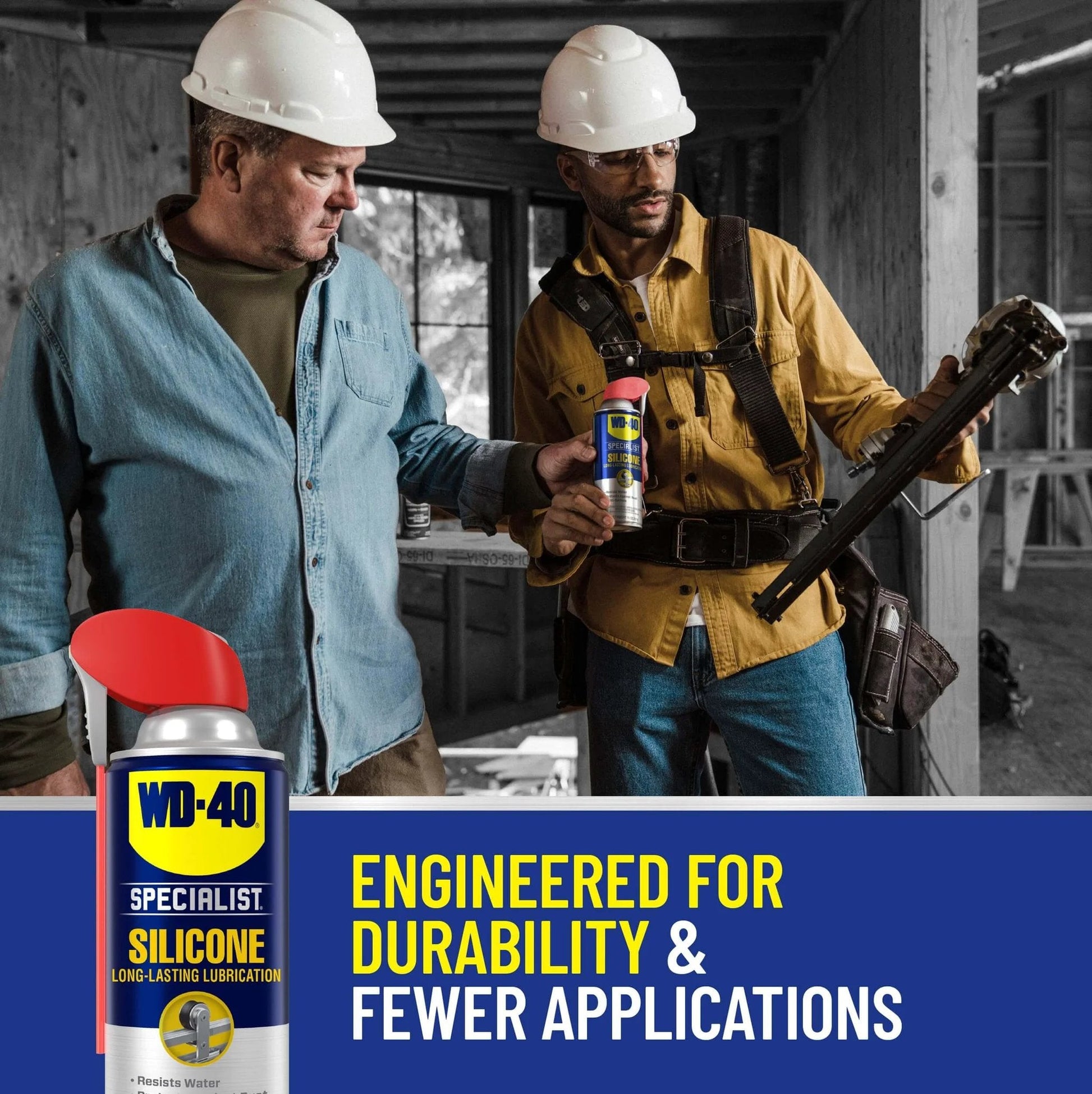 Two workers using WD-40 Specialist Silicone Lubricant with SMART STRAW SPRAYS 2 WAYS, 11 OZ in a construction setting