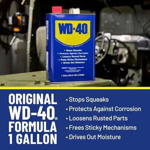 Heavy Duty Multipurpose Lubricant Spray For Tools And Equipment That Cleans Grease Grime And Dirt Penetrates Stuck Parts Displaces Moisture Prevents Rust And Corrosion Degreases Tar And Adhesives In A 1 Gallon Can From The Trusted WD-40 Brand