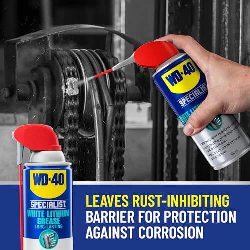 WD-40 Specialist White Lithium Grease Spray with SMART STRAW SPRAYS 2 WAYS, 10 OZ used on metal cables to prevent rust