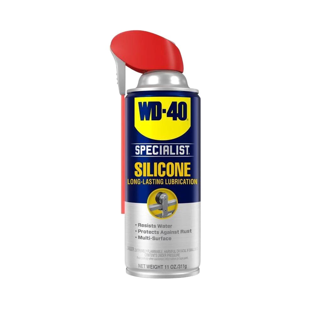 WD-40 Specialist Silicone Lubricant with SMART STRAW SPRAYS 2 WAYS, 11 OZ can, front view showing label and spray nozzle