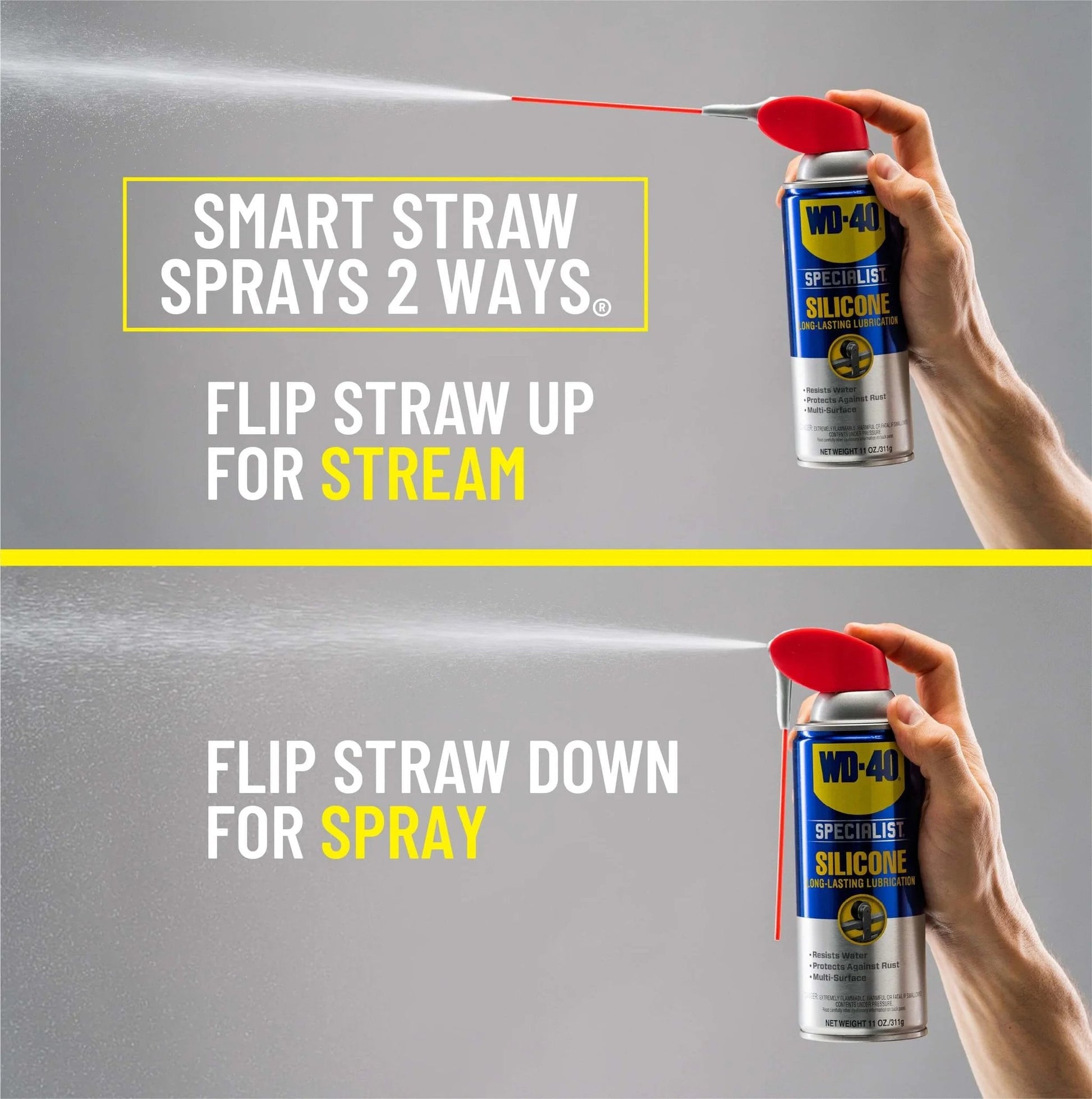WD-40 Specialist Silicone Lubricant with SMART STRAW SPRAYS 2 WAYS, 11 OZ, showcasing stream and spray functionality