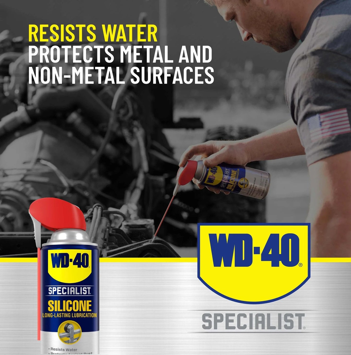 Person using WD-40 Specialist Silicone Lubricant with SMART STRAW SPRAYS 2 WAYS, 11 OZ on engine, product close-up