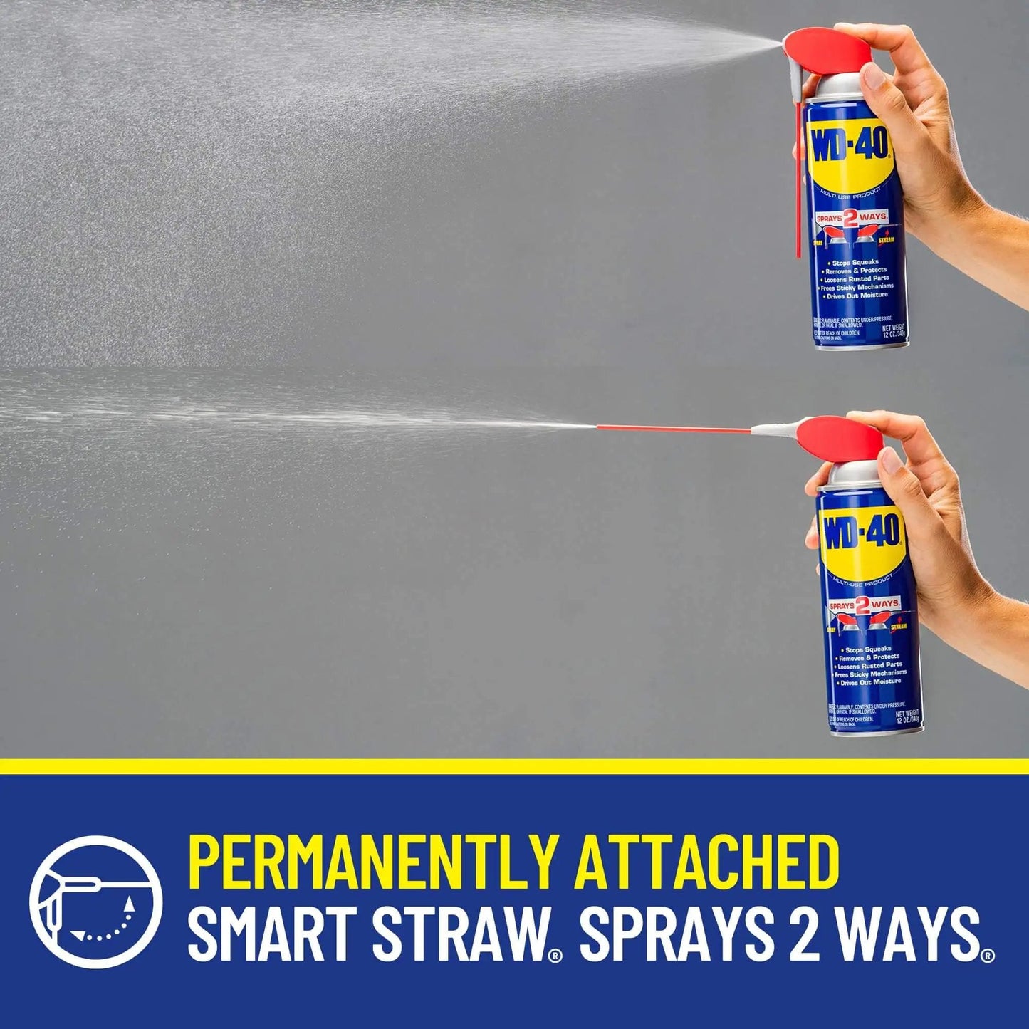 Two cans of WD-40 Classic Formula spraying, showing Smart Straw feature, All Purpose Lubricant That Drives Out Moisture and Fights Rust