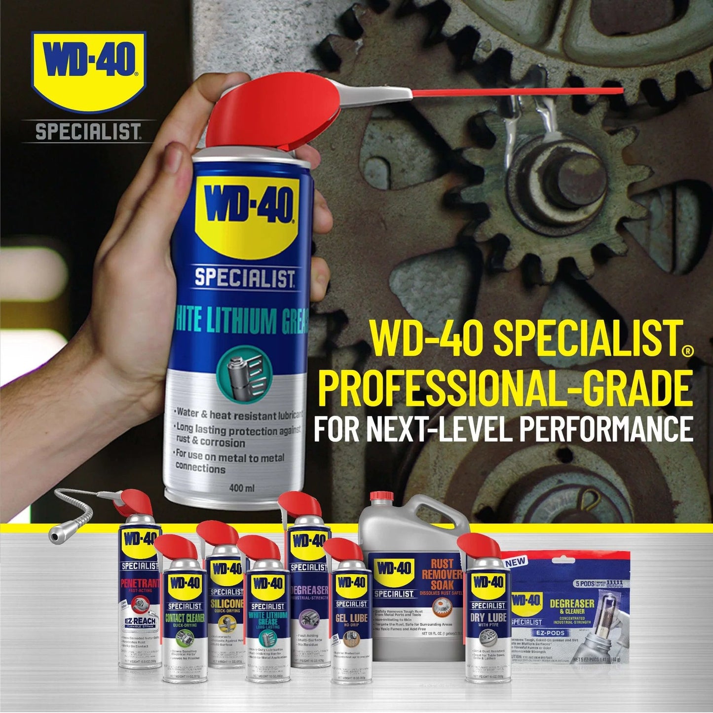Person using WD-40 Specialist White Lithium Grease Spray with SMART STRAW SPRAYS 2 WAYS, 10 OZ on gears.