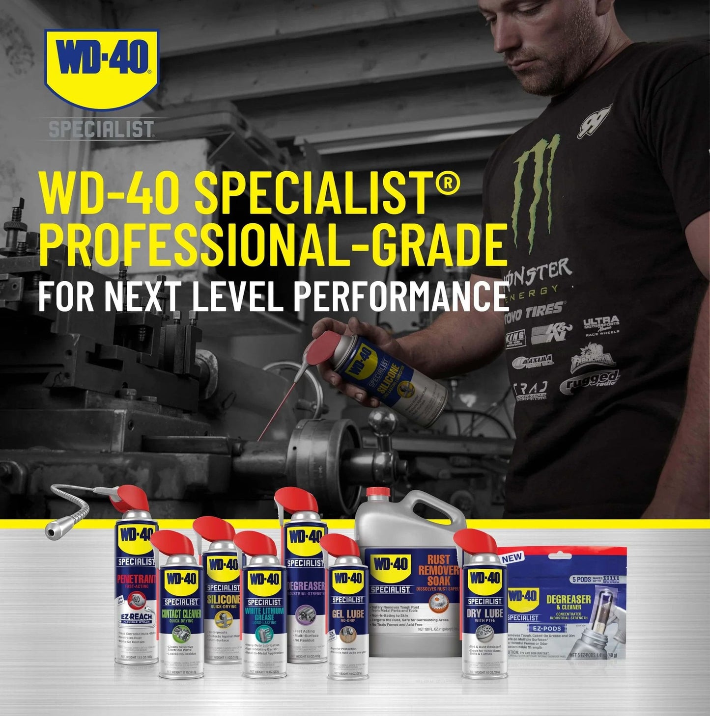Worker using WD-40 Specialist Silicone Lubricant with SMART STRAW SPRAYS 2 WAYS, 11 OZ on machinery, showcasing multiple products
