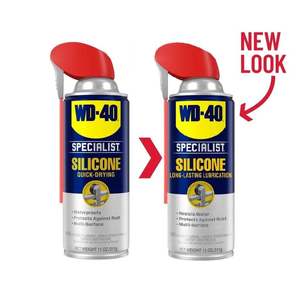 WD-40 Specialist Silicone Lubricant with SMART STRAW SPRAYS 2 WAYS, 11 OZ cans showing old and new packaging design, front view.