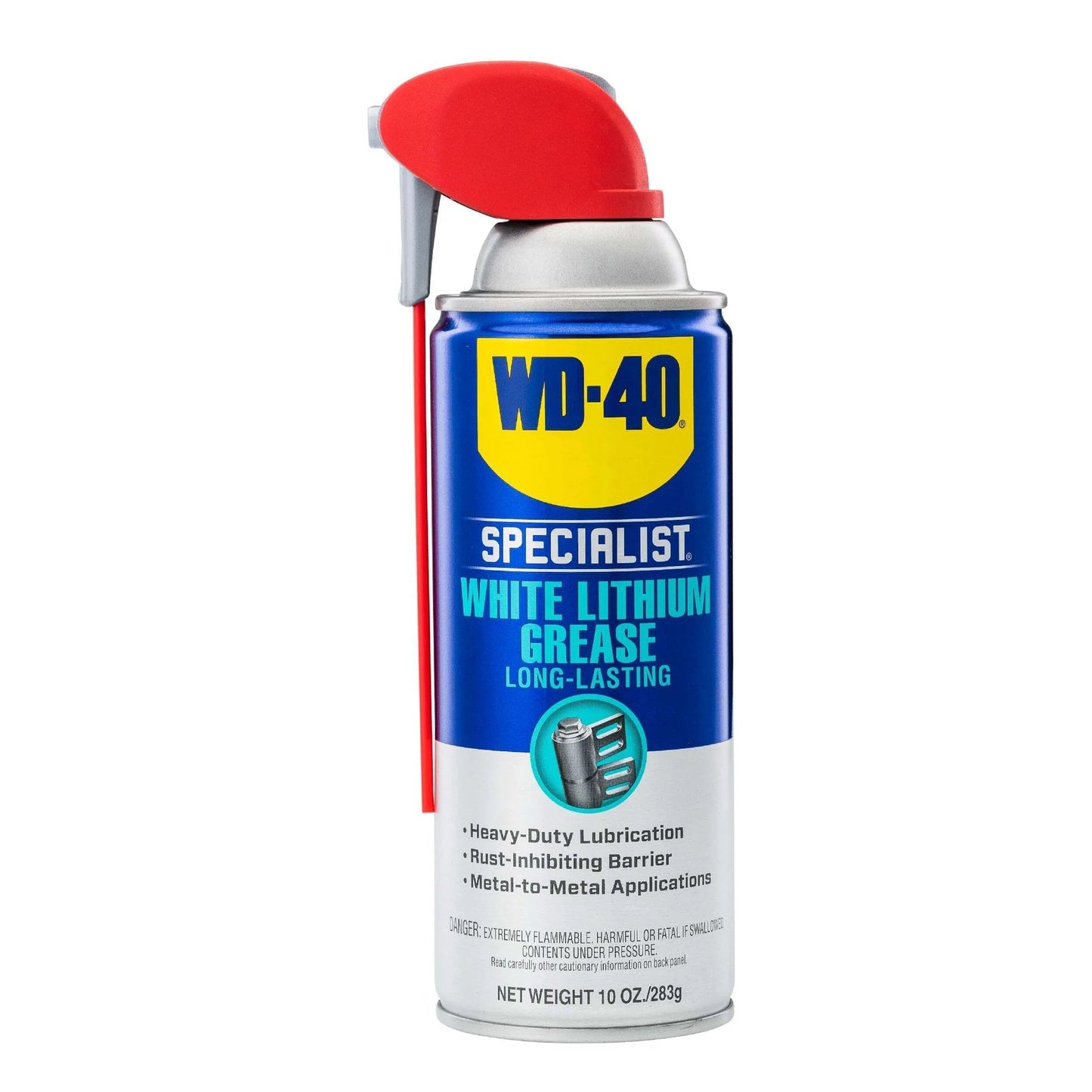 Front view of WD-40 Specialist White Lithium Grease Spray with SMART STRAW SPRAYS 2 WAYS, 10 OZ can on white background.