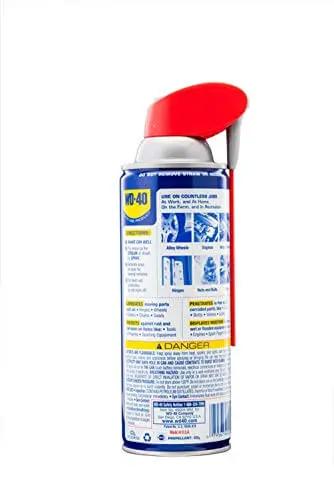 Side view of WD-40 can showing instructions and safety warnings, part of All Purpose Lubricant That Drives Out Moisture and Fights Rust.