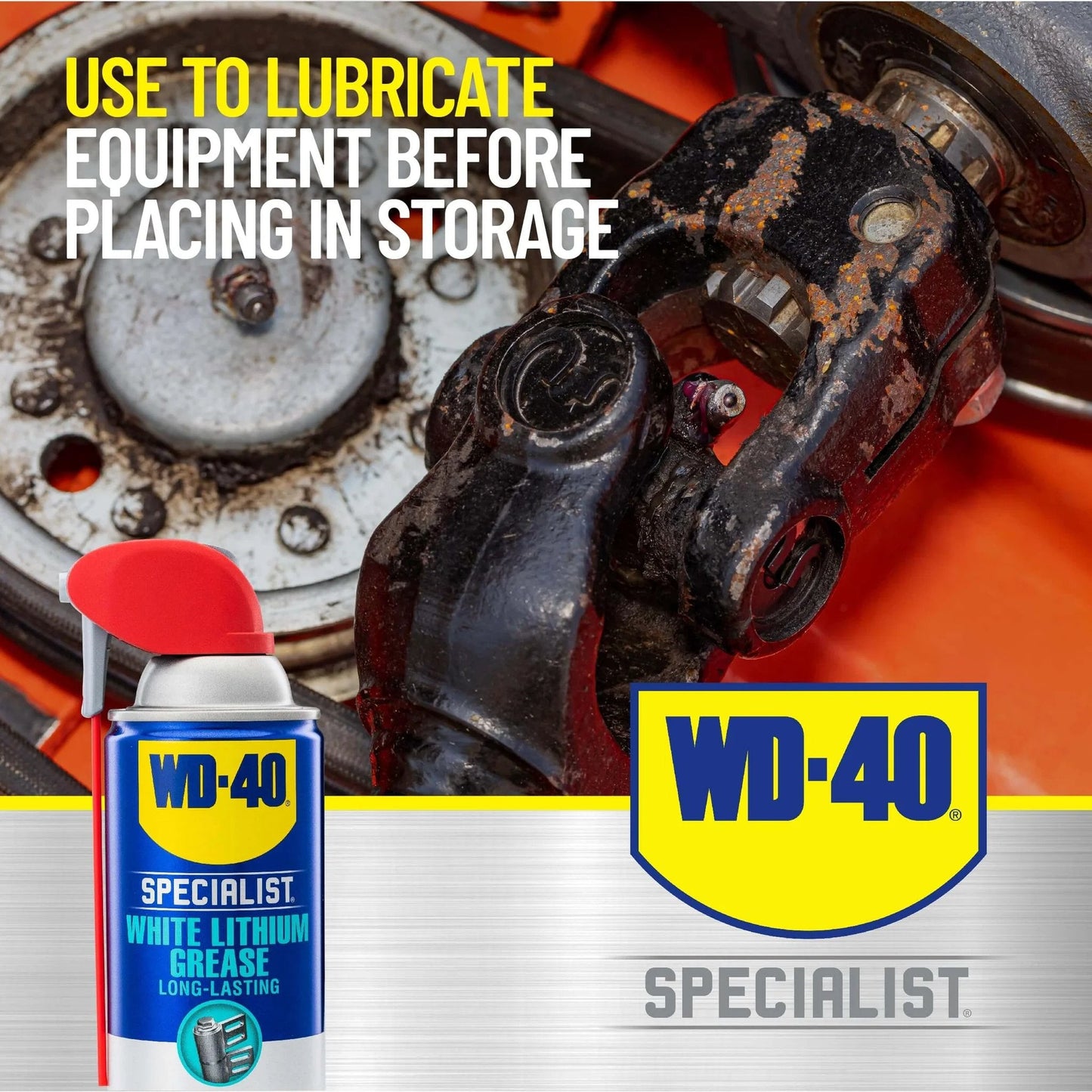 WD-40 Specialist White Lithium Grease Spray with SMART STRAW SPRAYS 2 WAYS, 10 OZ in front of metal machinery.