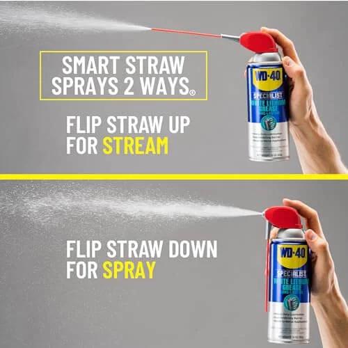 Demonstrating WD-40 Specialist White Lithium Grease Spray with SMART STRAW SPRAYS 2 WAYS, 10 OZ in stream and spray modes