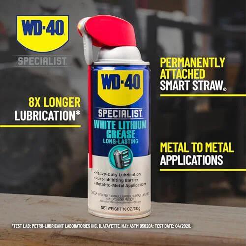WD-40 Specialist White Lithium Grease Spray with SMART STRAW SPRAYS 2 WAYS, 10 OZ can displayed with attached straw