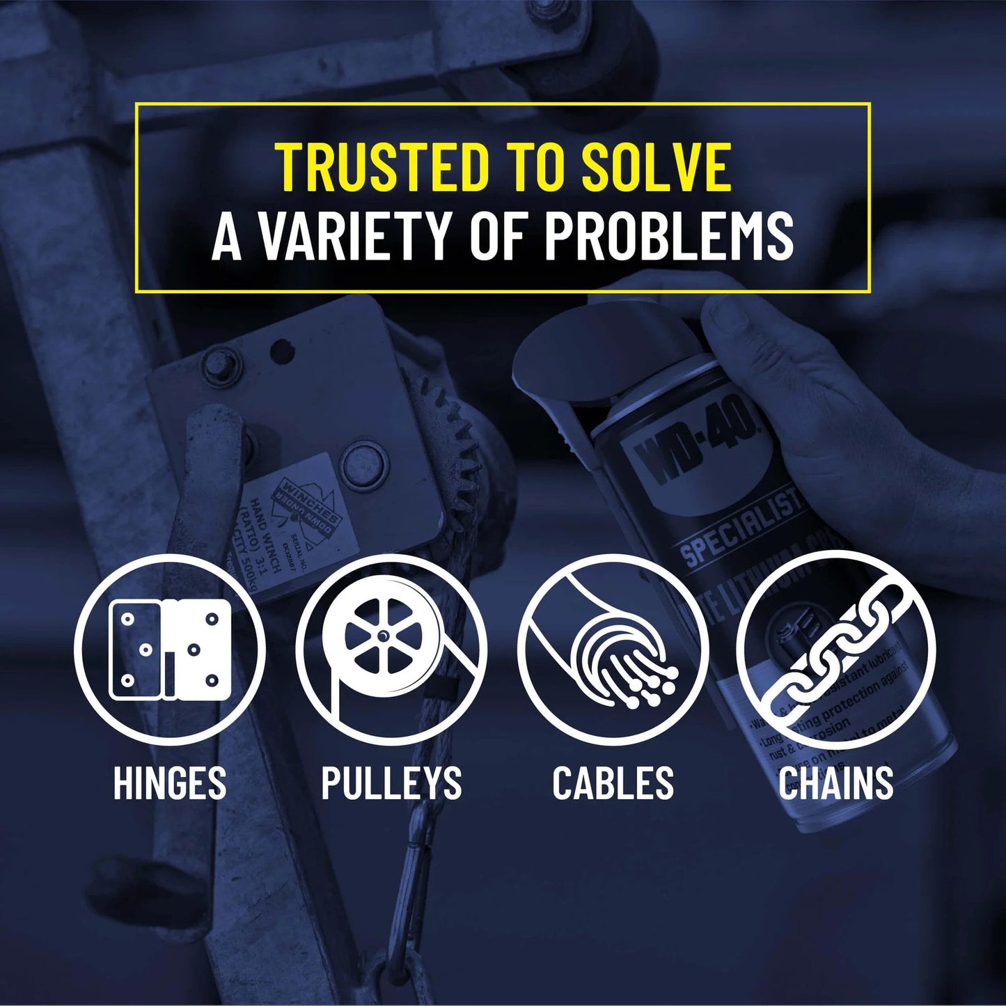 Person holding WD-40 Specialist White Lithium Grease Spray with SMART STRAW SPRAYS 2 WAYS, 10 OZ near hinges, pulleys, and cables.