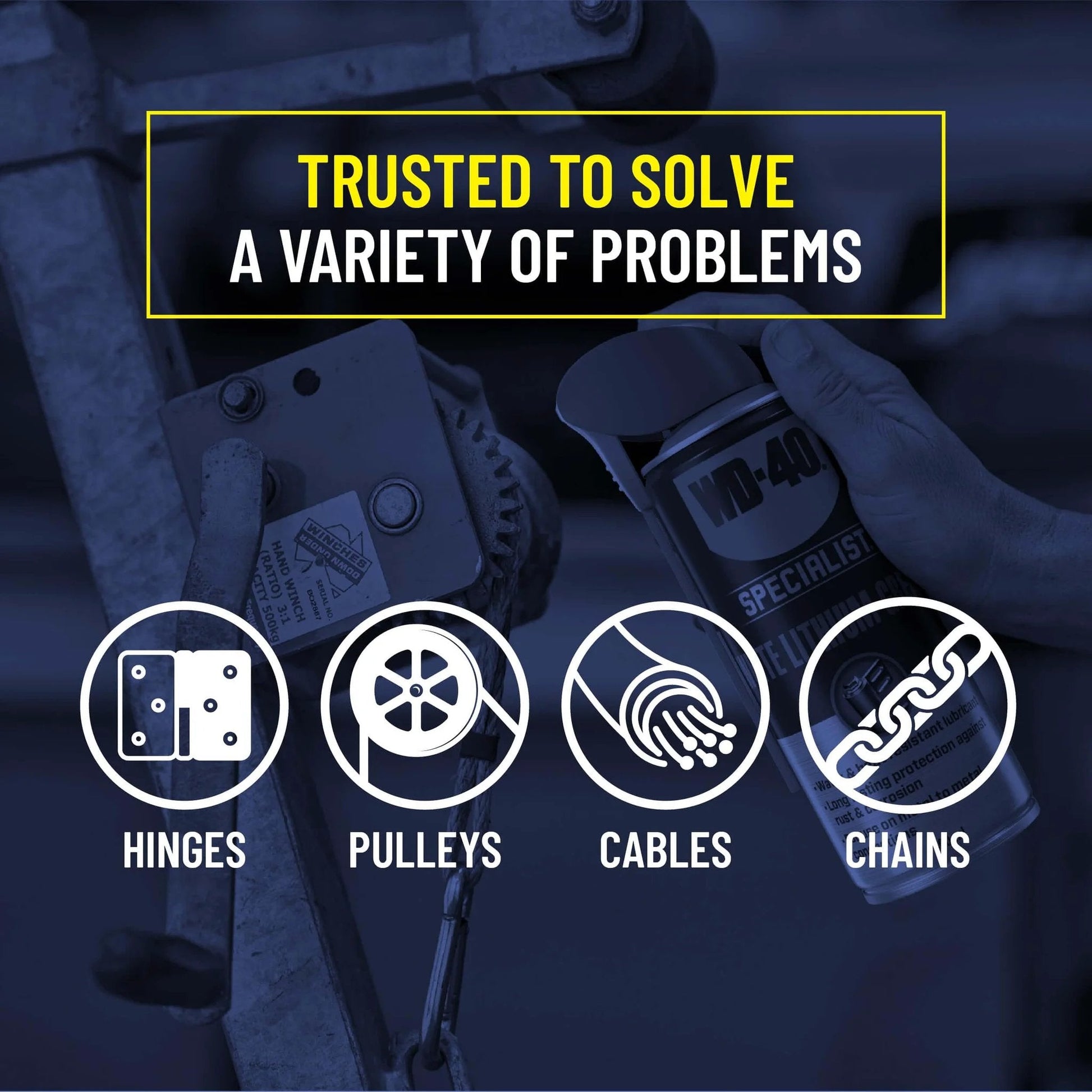Person holding WD-40 Specialist White Lithium Grease Spray with SMART STRAW SPRAYS 2 WAYS, 10 OZ near hinges, pulleys, and cables.