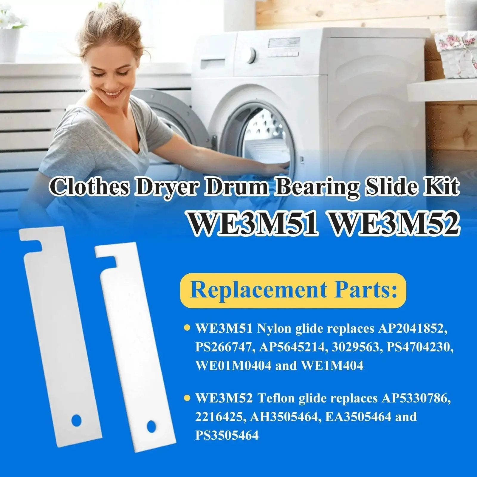 Woman next to washing machine showcasing Replacement Drum Bearing Slide Kit For Clothes Dryers with Teflon and Nylon Glides WE3M51 WE3M52