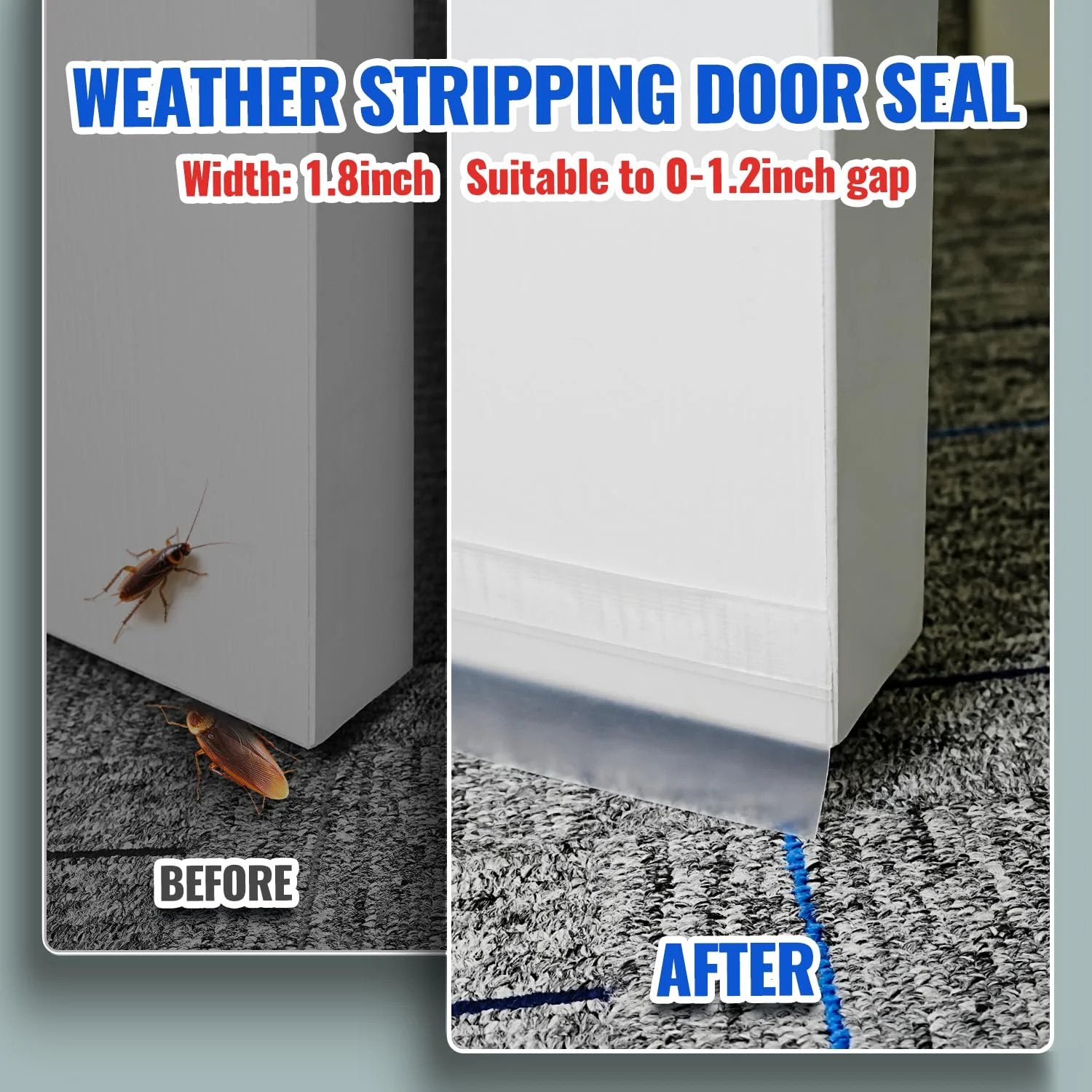 Clear Weather Stripping Tape For Doors Windows And Shower Enclosures, 33 Feet Long, 1.8 Inches Wide, ultra strong adhesive seal comparison before and after installation.