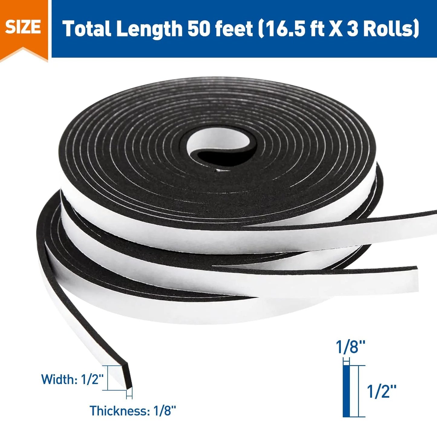Weather Stripping Door Seal For Windows And Doors, Half Inch Wide By One Eighth Inch Thick Adhesive Foam Tape, Soundproof Weather Stripping, Black, Three Rolls Total Fifty Feet, Easy Cut To Fit, Strong Adhesive, showing foam tape rolls and dimensions.