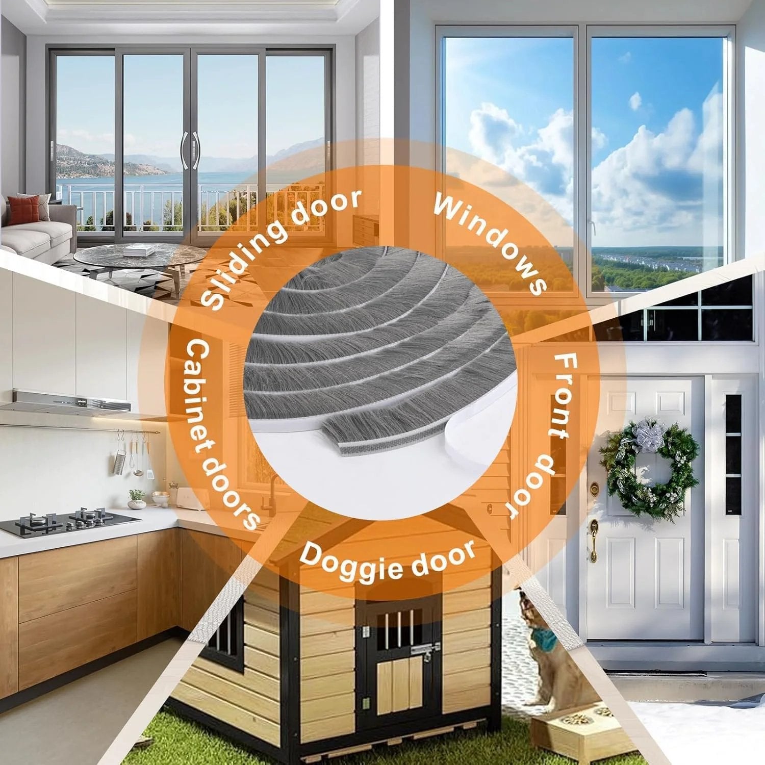 Weather Stripping For Doors And Windows Self Adhesive Door Seal With 39.4 Feet Of Gray 0.35 In Wide And 0.35 In Thick Brush shown around various doors and windows.