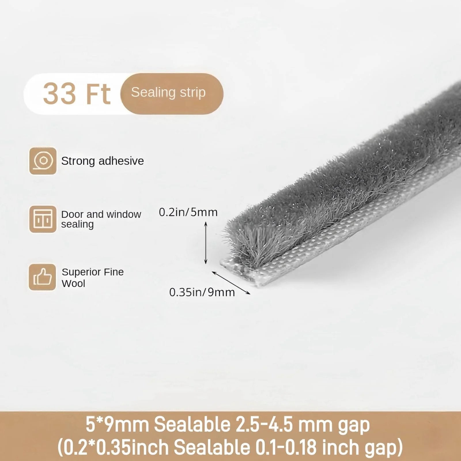 Close-up of Window Weather Stripping Door Seal 33 Feet Self Adhesive Winter Insulation Strip showing 0.35 inch width, gray wool material.