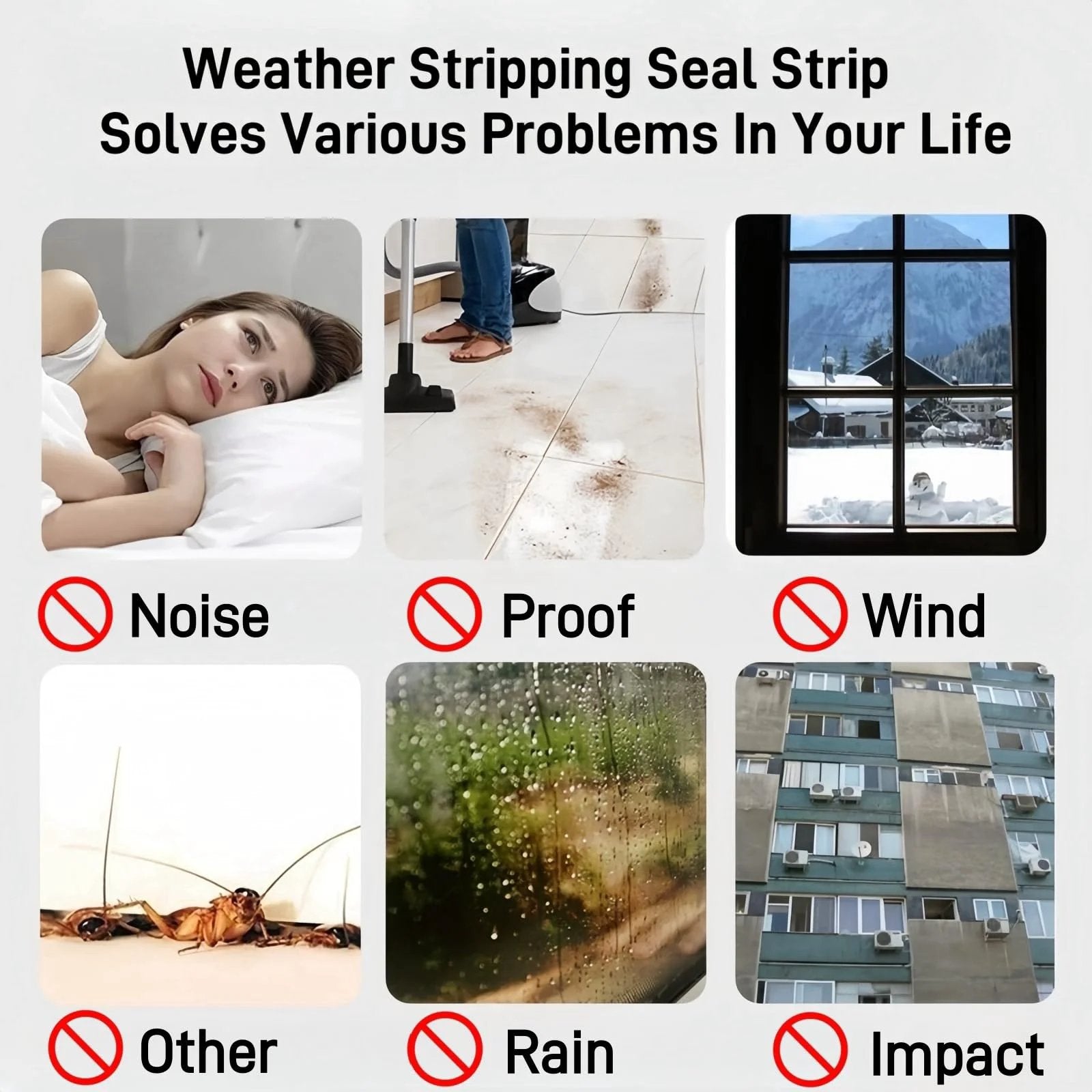 Window Weather Stripping Door Seal 33 Feet Self Adhesive Winter Insulation Strip For Exterior Front Door Frame And Window Soundproofing Noise Reduction Energy Saving Draft Stopper 0.35 Inch Wide 0.2 Inch Thick Gray Ligiyoto displayed with icons showing noise, wind, rain, and other impacts.