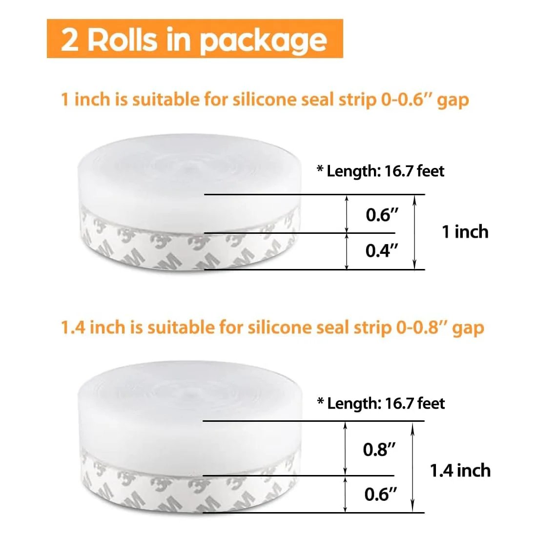 Two rolls of the Must Have 33.5 Ft Weather Stripping Door Seal Kit with silicone tape details for gap sealing.