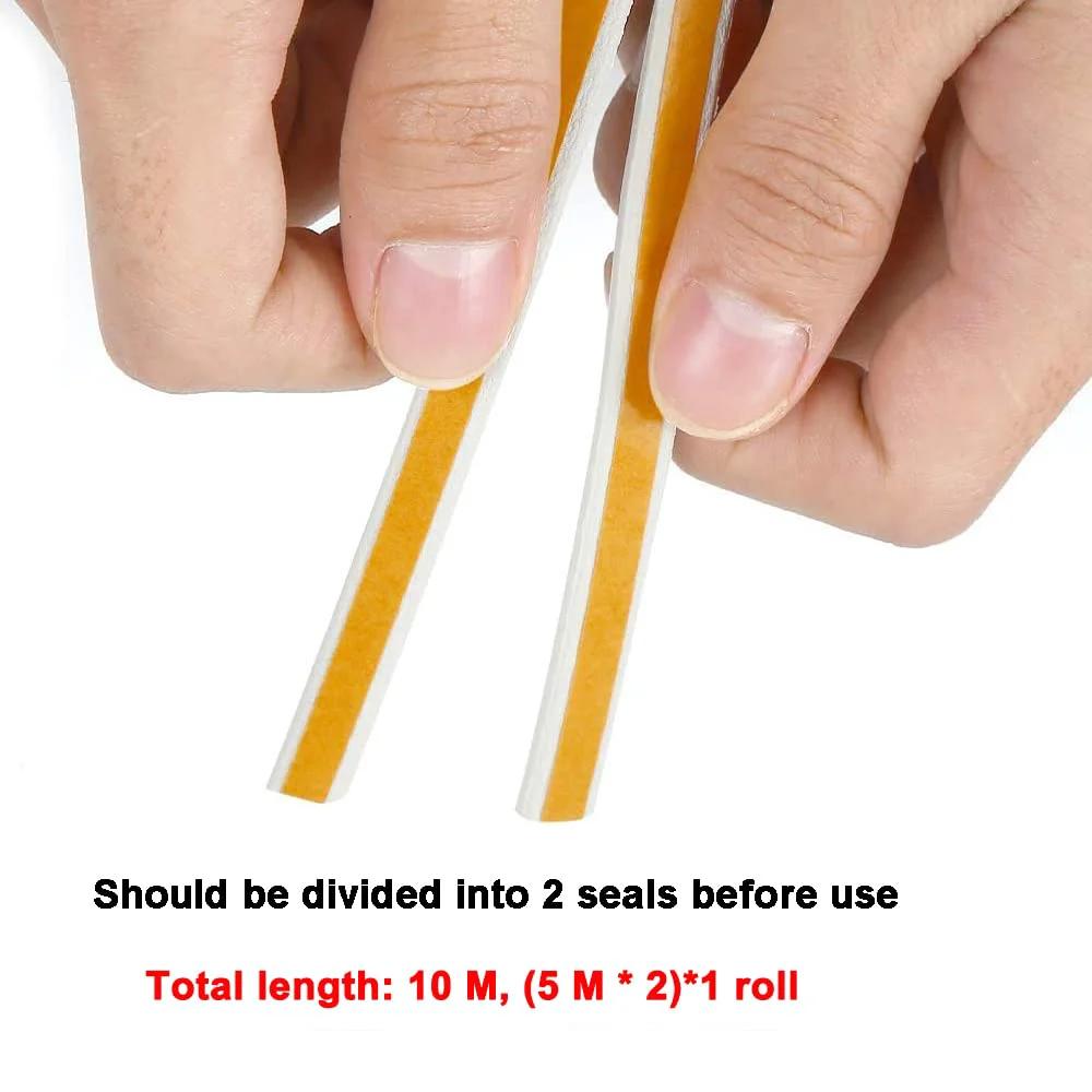 Premium D Type Foam Weather Stripping Tape For Doors And Windows Self Adhesive Sealing Strip 32.8 Ft Long White being held, showing adhesive strips.